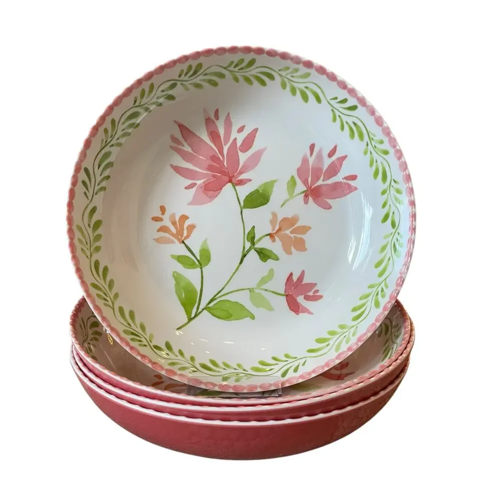 Soho Loft Floral Melamine Bowls 9in Round Pink & Green Set of 4 New